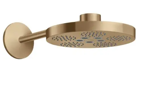Kopfbrause in gebürstetem Bronze-Finish, montiert an einem geraden Brausearm. Markierung "AXOR" sichtbar auf der Oberfläche der Brause.